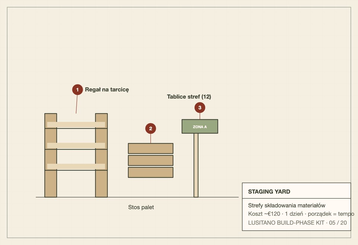Schematic of a staging yard with lumber rack, pallet stacks and zone markers