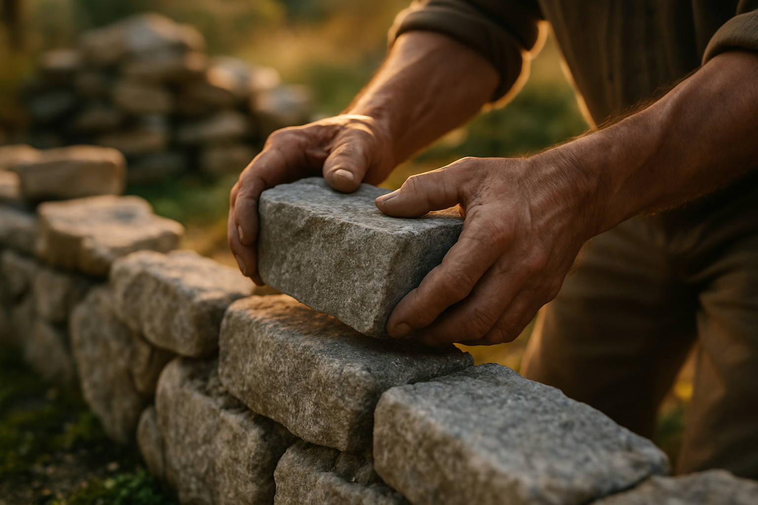 Weathered hands placing a granite stone onto a dry-stone wall