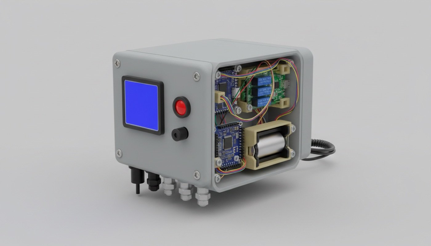AI render of a splash-proof aquaponics controller box with display and probe glands