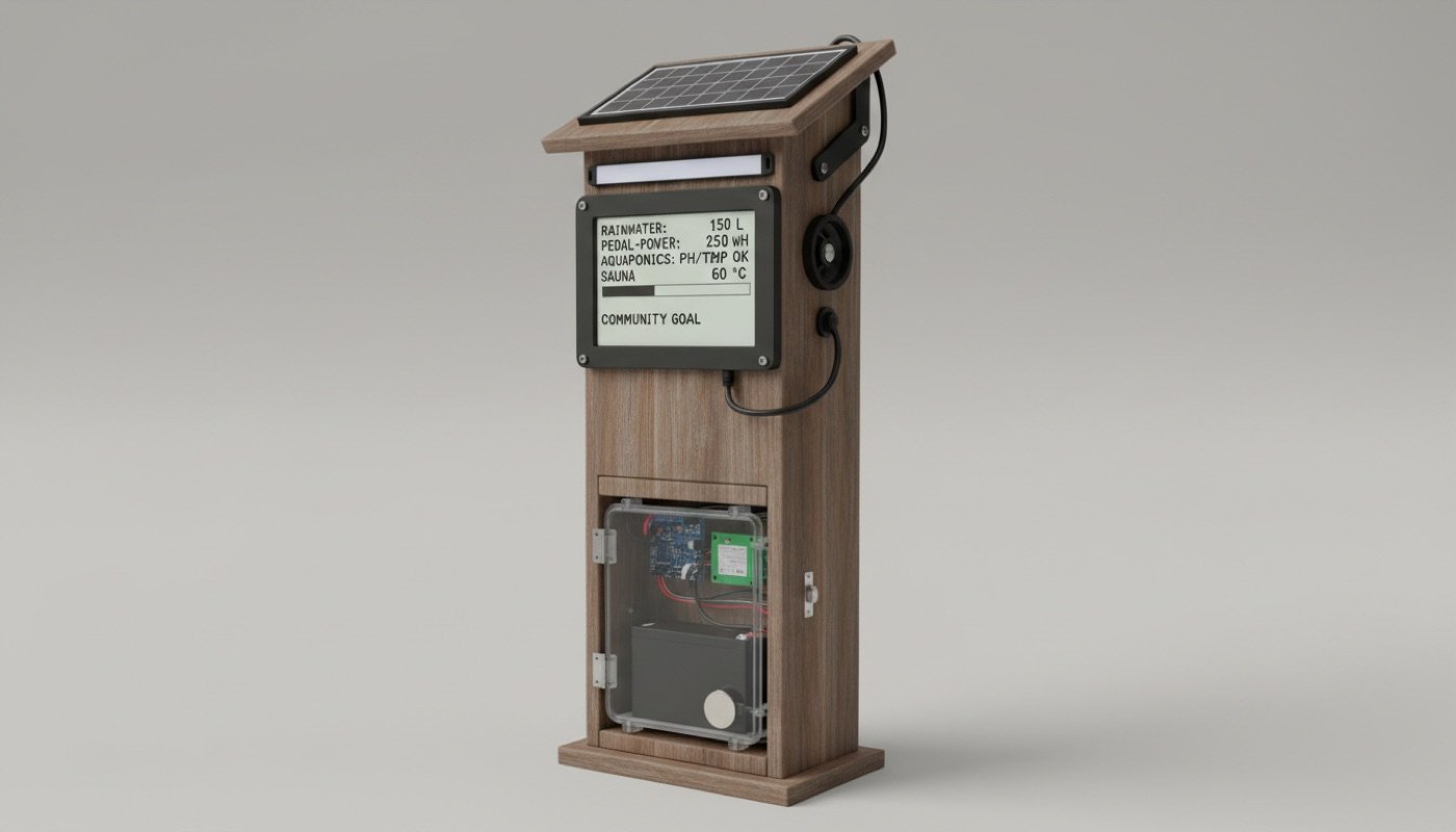 AI render of a wooden totem with solar roof and e-paper display showing retreat metrics